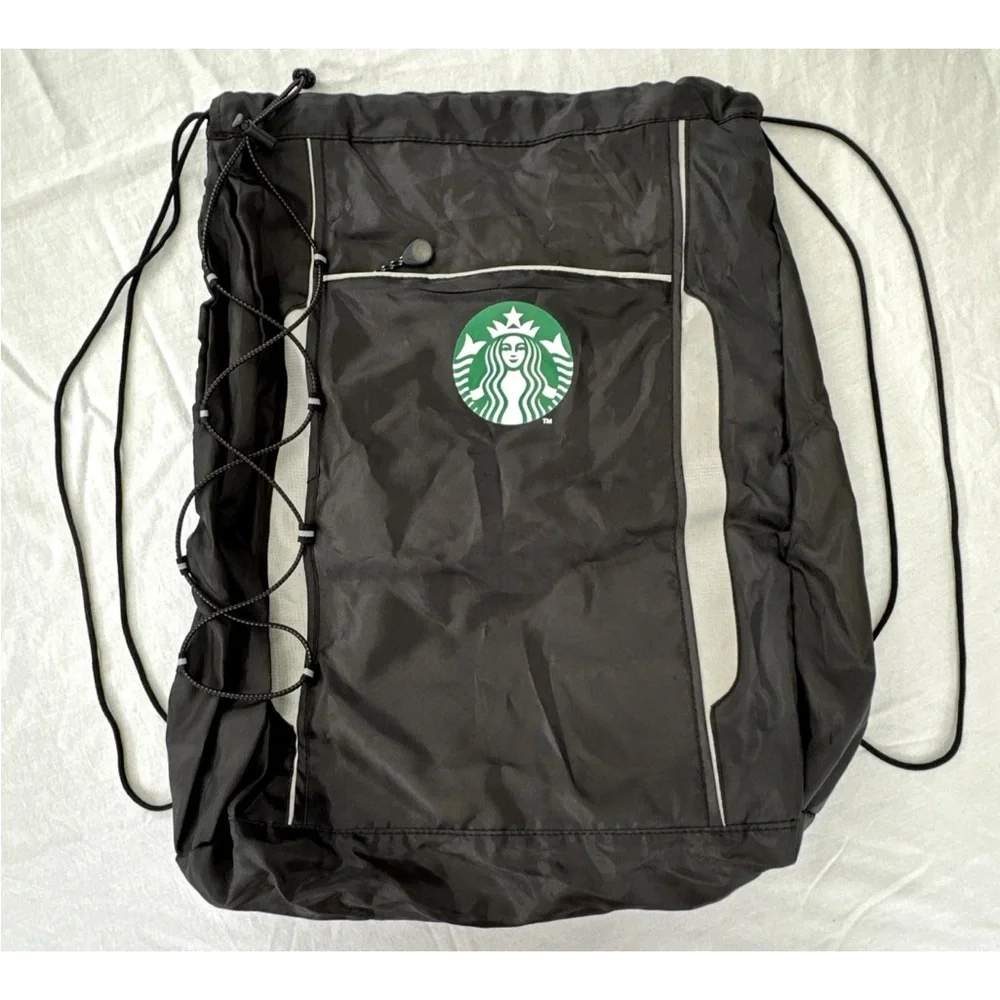 Starbucks Logo Drawstring Backpack Cinch Bag Gym Black Reflective Bungee ￼￼